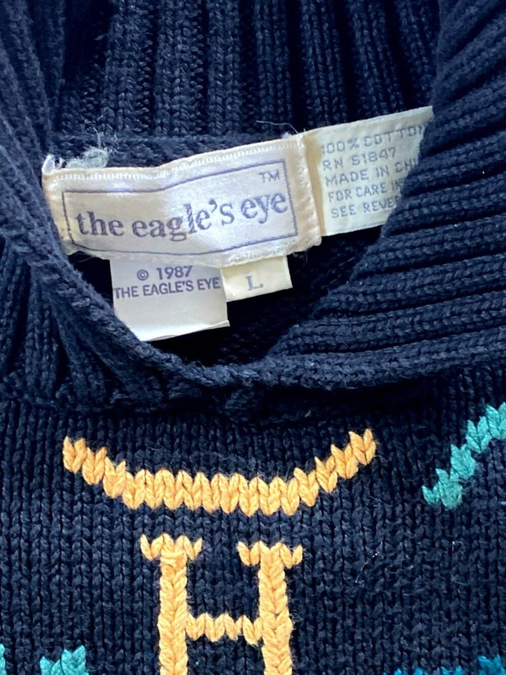 Vintage Sweater Eagle's Eye Cottagecore Grannycore Alphabet Black Y2K 80's LARGE - Picture 7 of 12